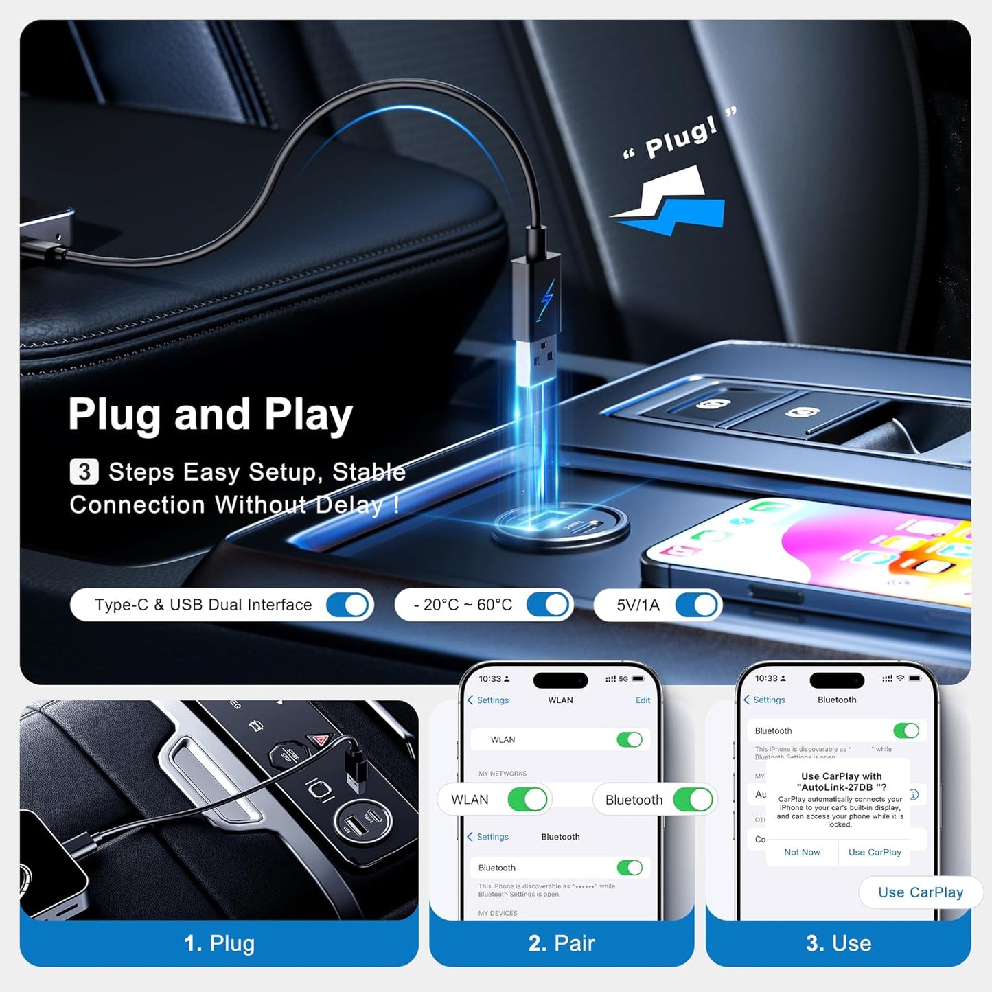 DEFTUN AI Box Wireless CarPlay & Auto Adapter - Plug & Play, Dual-Band WiFi, Bluetooth 5.0, 4K Video Support, Android 12.0 System, Compatible with Factory CarPlay & Android Auto