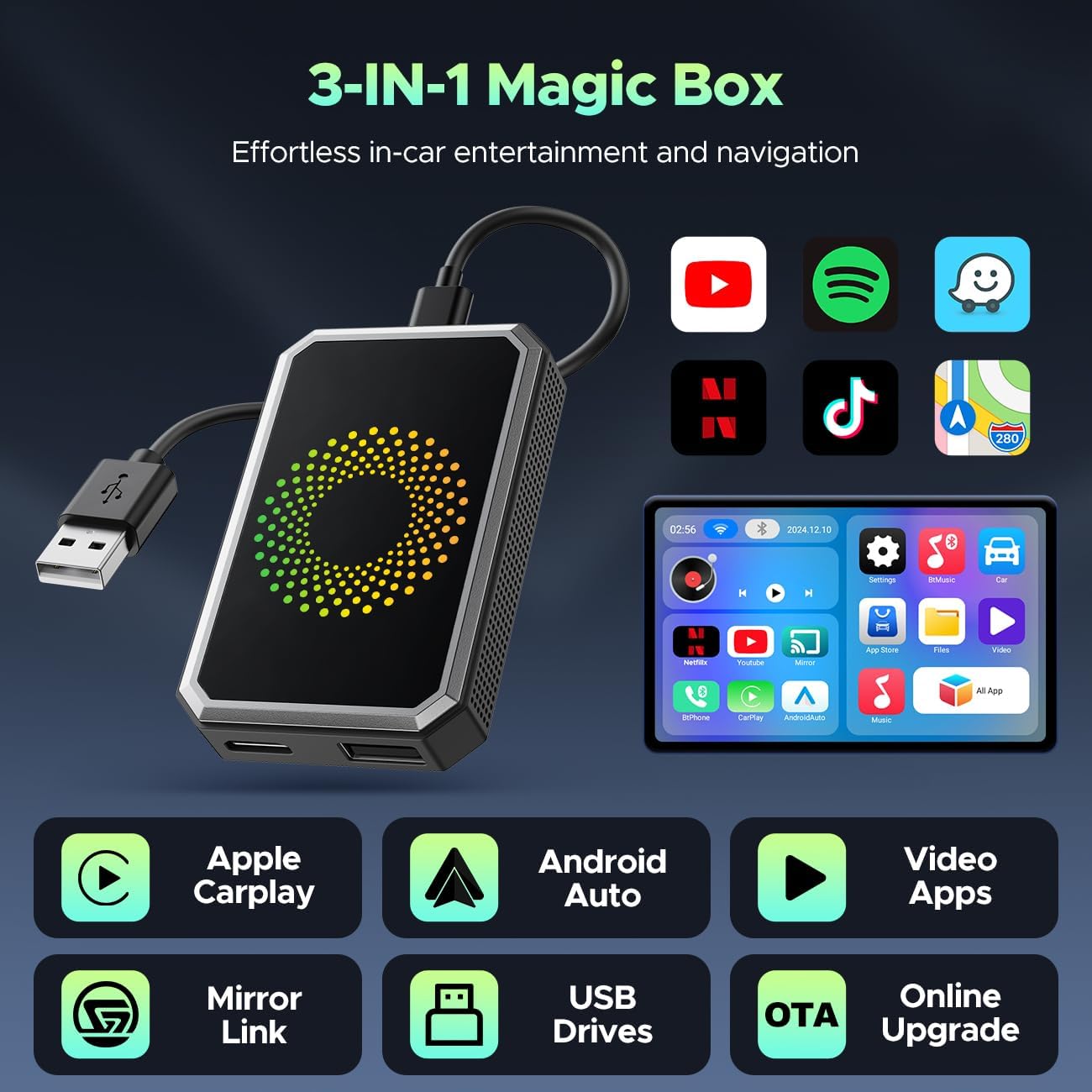 DEFTUN 3-in-1 Magic Video Box for Streaming Netflix/YouTube/TikTok, Wireless Carplay Adapter Dongle with USB Drive for OEM Wired Apple Car Play and Android Auto Cars