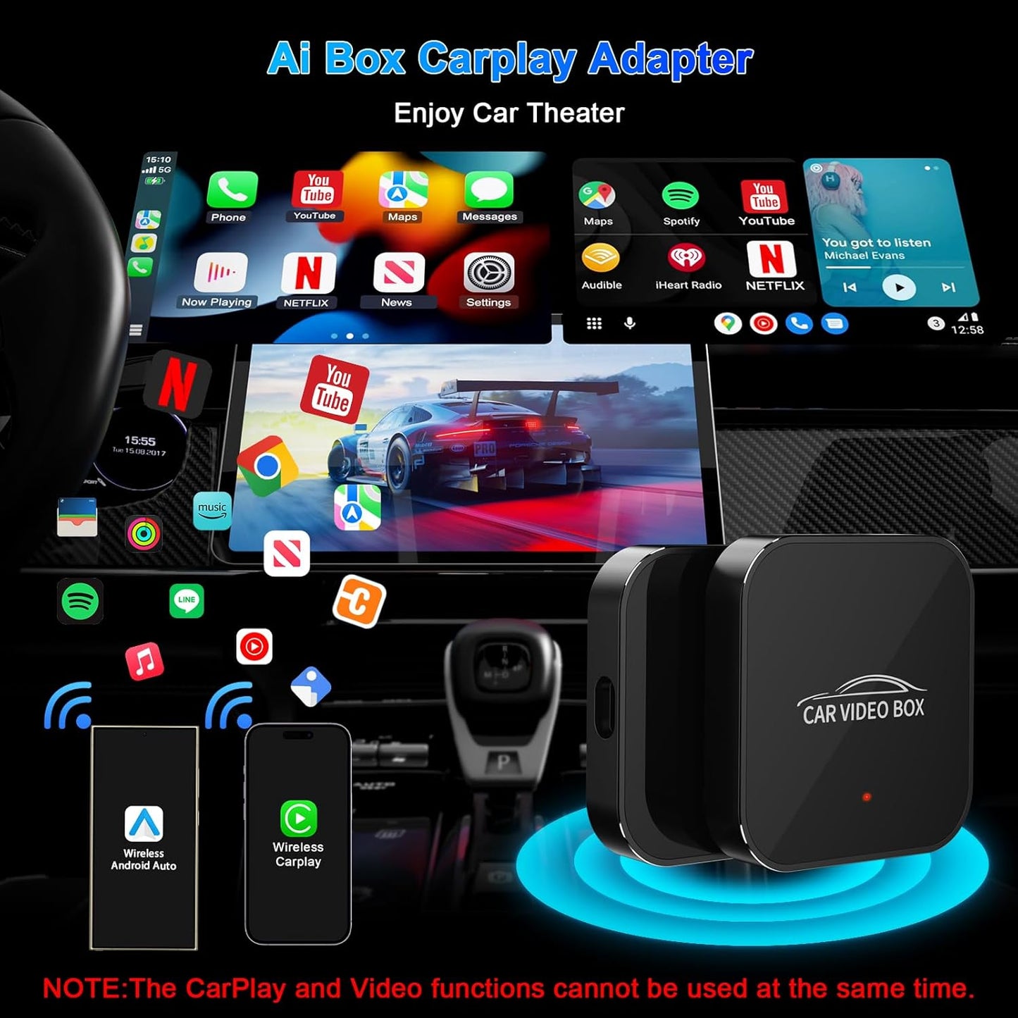 DEFTUN Wireless Carplay & Android Auto Adapter Built in Netflix YouTube, 3-in-1 Car Play Ai Box Convert Wired to Wireless CarPlay,Upgraded Dual-Band WiFi, TF Card, Video Box for iPhone/Android, Plug & Play