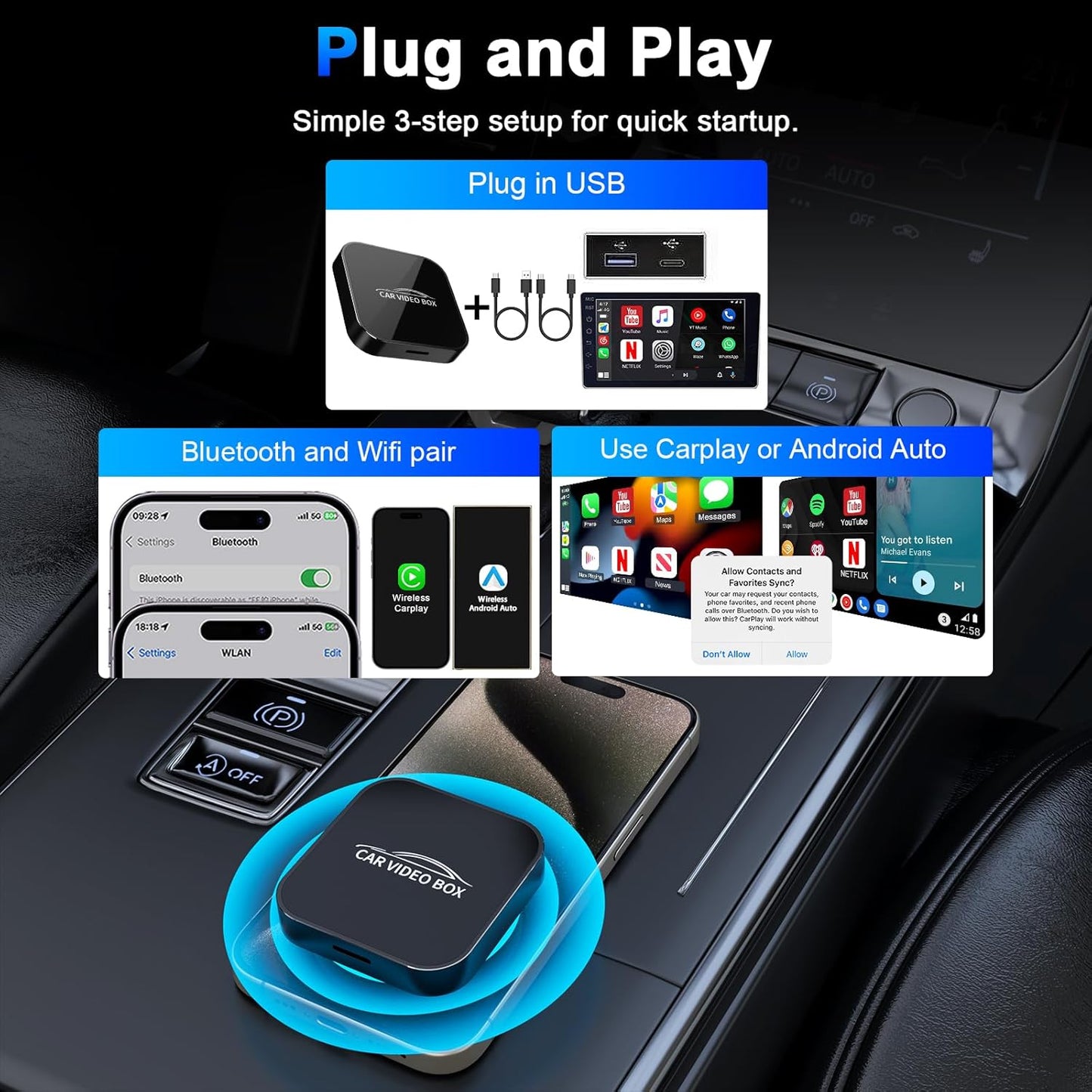 DEFTUN Wireless Carplay & Android Auto Adapter Built in Netflix YouTube, 3-in-1 Car Play Ai Box Convert Wired to Wireless CarPlay,Upgraded Dual-Band WiFi, TF Card, Video Box for iPhone/Android, Plug & Play