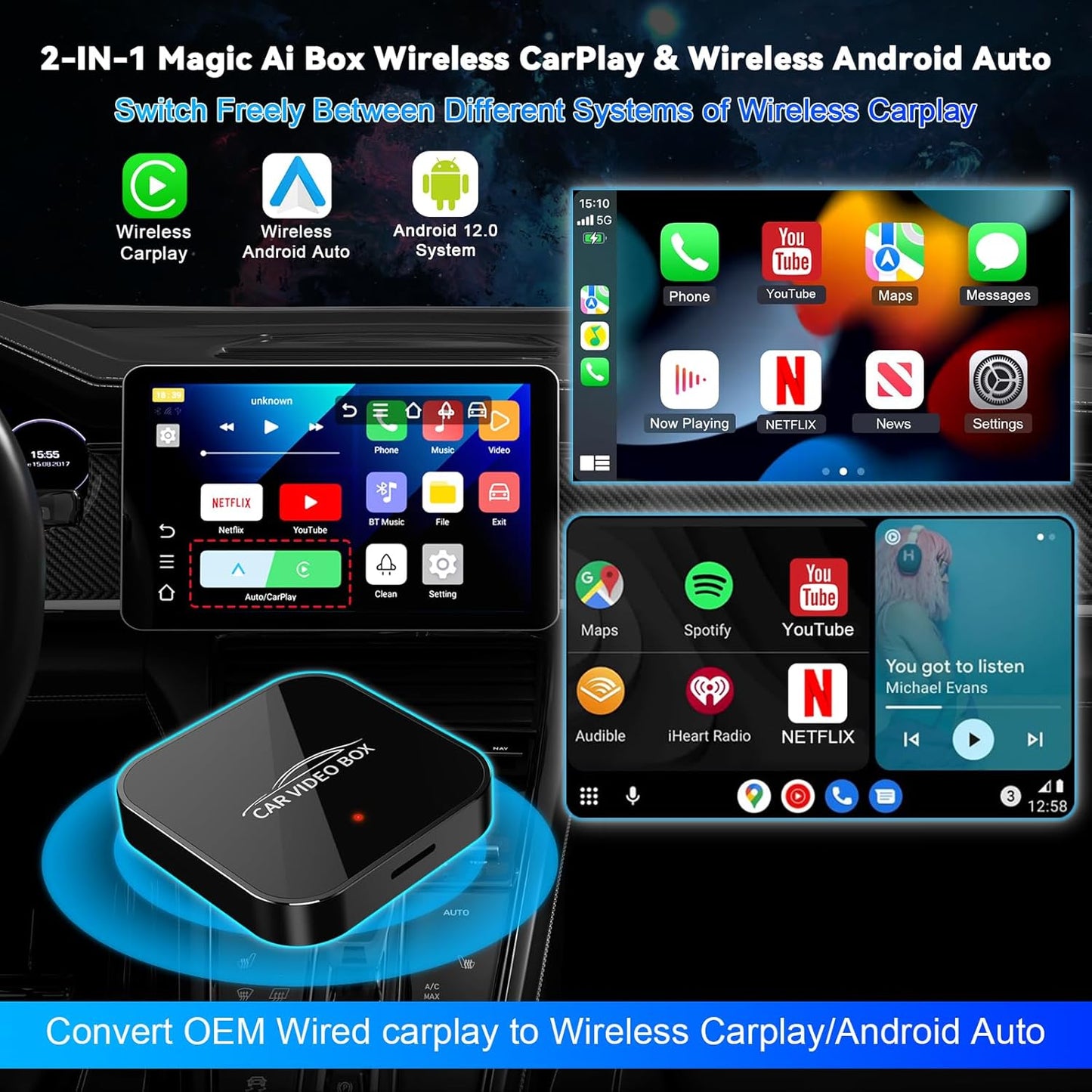 DEFTUN Wireless Carplay & Android Auto Adapter Built in Netflix YouTube, 3-in-1 Car Play Ai Box Convert Wired to Wireless CarPlay,Upgraded Dual-Band WiFi, TF Card, Video Box for iPhone/Android, Plug & Play