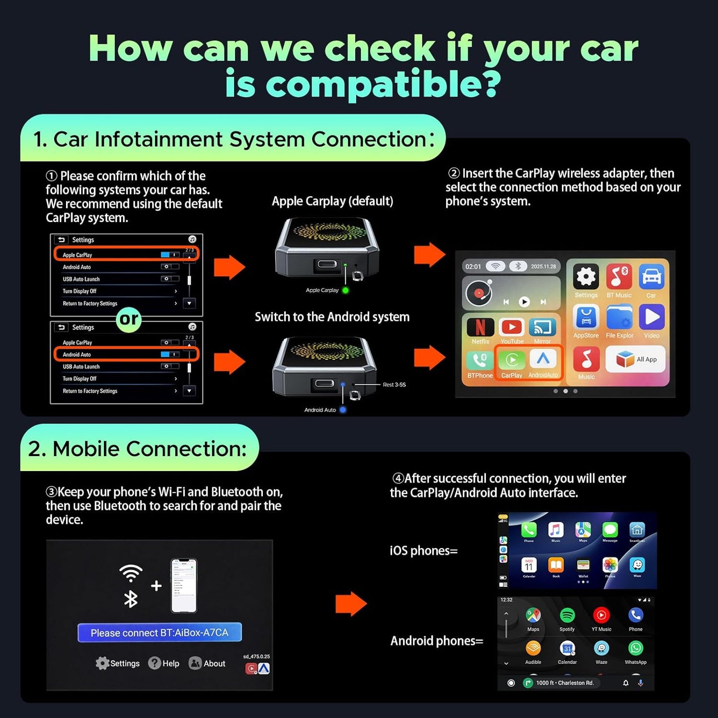 DEFTUN 3-in-1 Magic Video Box for Streaming Netflix/YouTube/TikTok, Wireless Carplay Adapter Dongle with USB Drive for OEM Wired Apple Car Play and Android Auto Cars