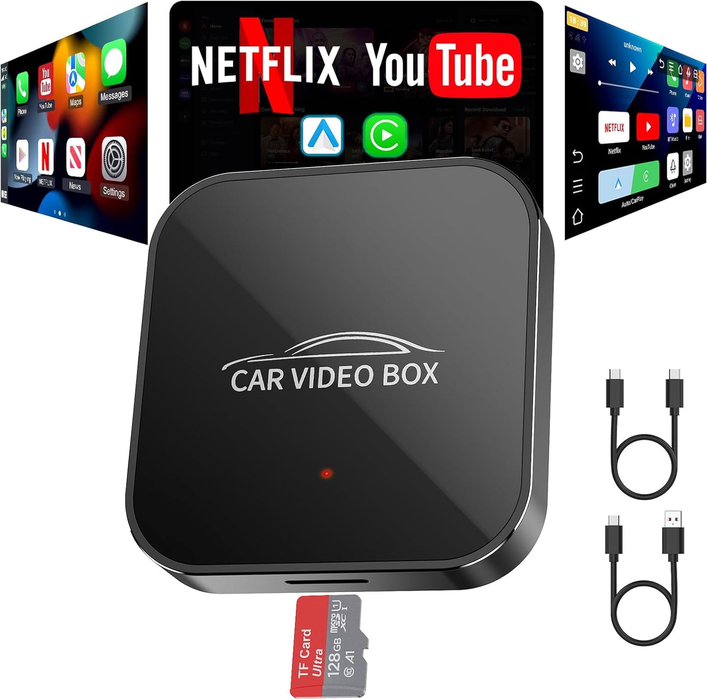 DEFTUN Wireless Carplay & Android Auto Adapter Built in Netflix YouTube, 3-in-1 Car Play Ai Box Convert Wired to Wireless CarPlay,Upgraded Dual-Band WiFi, TF Card, Video Box for iPhone/Android, Plug & Play