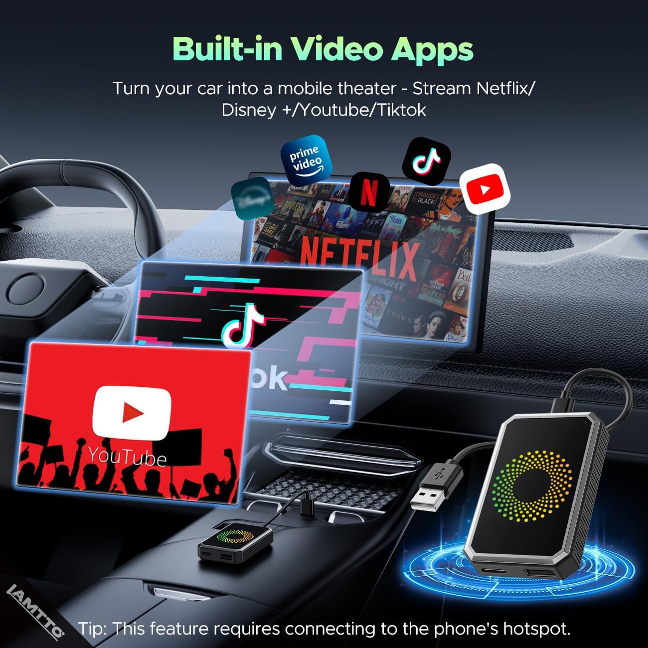 DEFTUN 3-in-1 Magic Video Box for Streaming Netflix/YouTube/TikTok, Wireless Carplay Adapter Dongle with USB Drive for OEM Wired Apple Car Play and Android Auto Cars