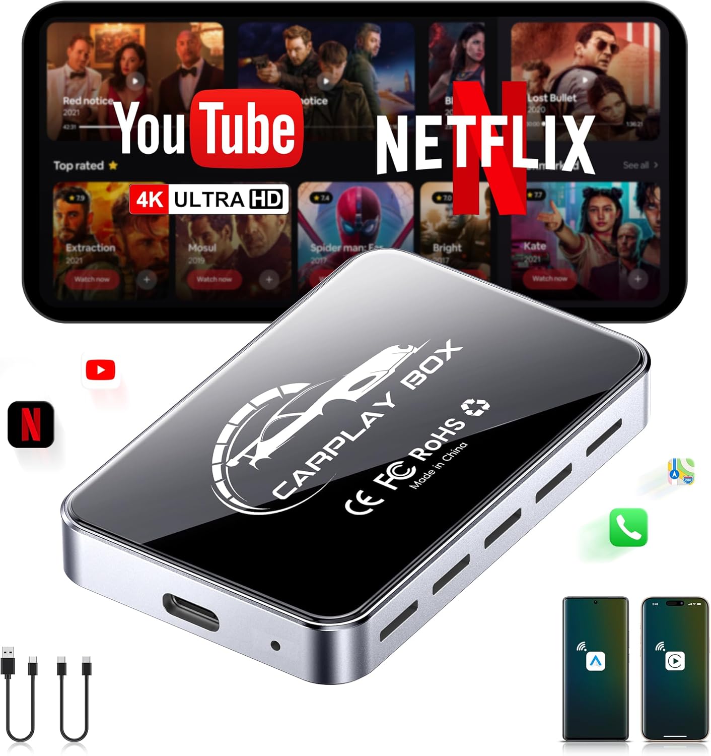 DEFTUN AI Box Wireless CarPlay & Auto Adapter - Plug & Play, Dual-Band WiFi, Bluetooth 5.0, 4K Video Support, Android 12.0 System, Compatible with Factory CarPlay & Android Auto