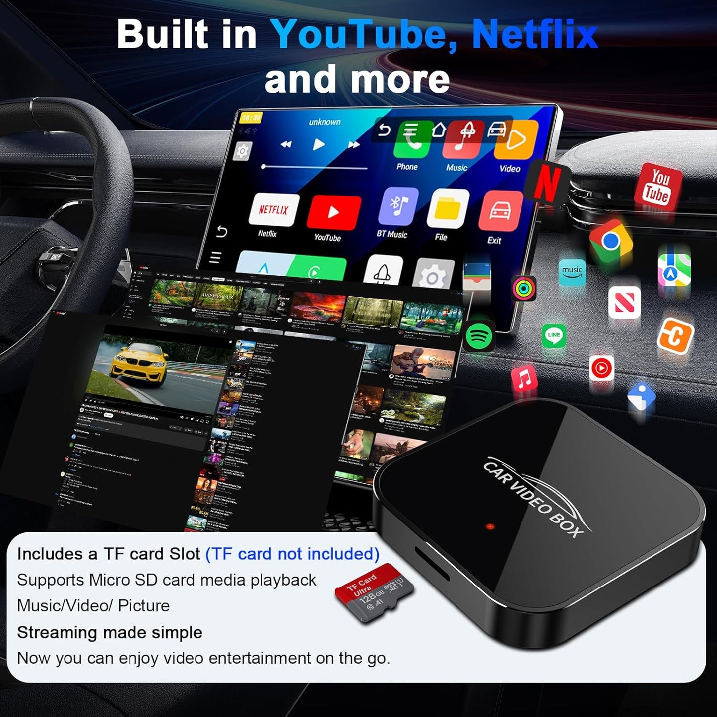 DEFTUN Wireless Carplay & Android Auto Adapter Built in Netflix YouTube, 3-in-1 Car Play Ai Box Convert Wired to Wireless CarPlay,Upgraded Dual-Band WiFi, TF Card, Video Box for iPhone/Android, Plug & Play
