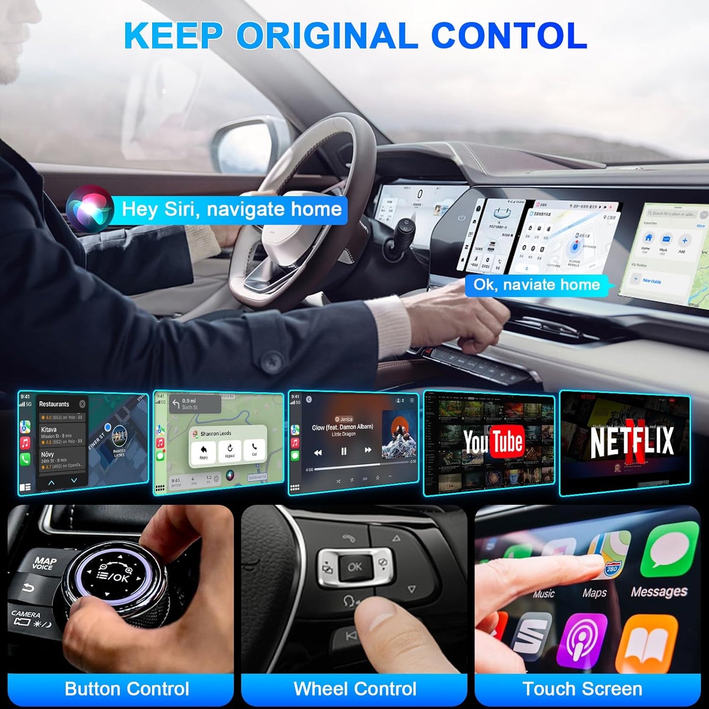 DEFTUN Wireless Carplay & Android Auto Adapter Built in Netflix YouTube, 3-in-1 Car Play Ai Box Convert Wired to Wireless CarPlay,Upgraded Dual-Band WiFi, TF Card, Video Box for iPhone/Android, Plug & Play