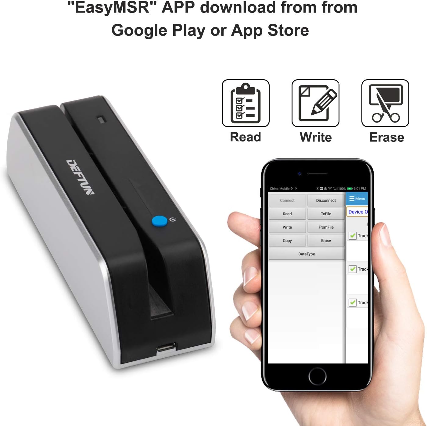 Deftun Bluetooth MSR-X6(BT) MSRX6BT Magnetic Stripe Card Reader Writer Encoder Mini Portable